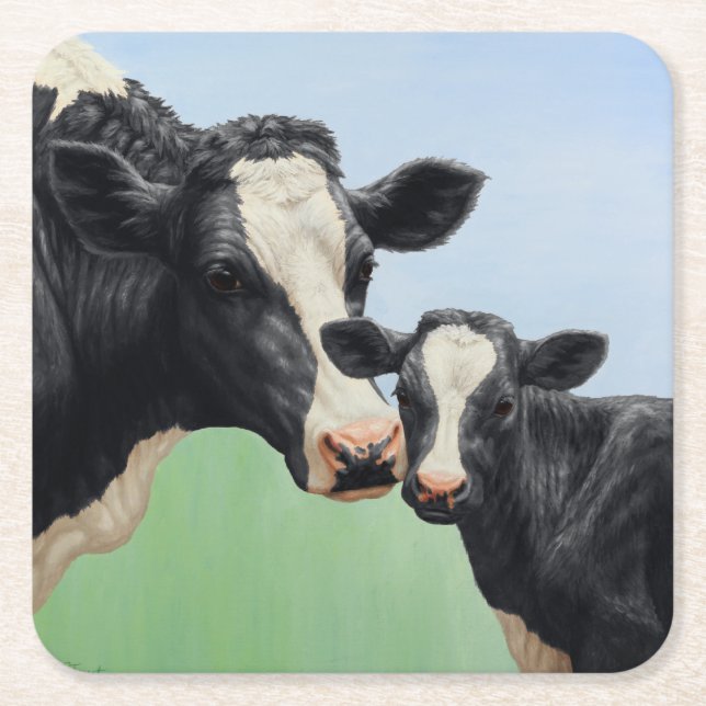 Posavasos Cuadrado De Papel Black Holstein Cow & Cute Calf (Anverso)