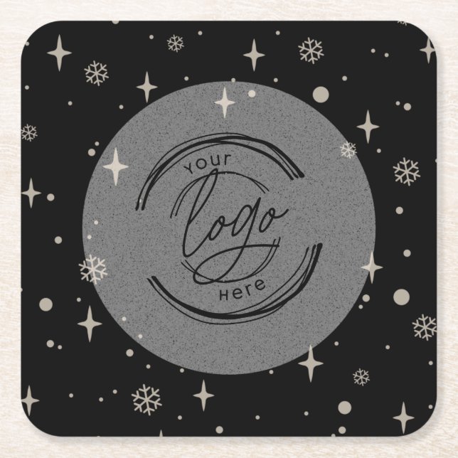 Posavasos Cuadrado De Papel Black Merry Christmas Business Logo Snowflake (Anverso)