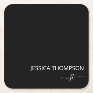 Posavasos Cuadrado De Papel Black Modern Girly White Simple Monograma Tri Nomb