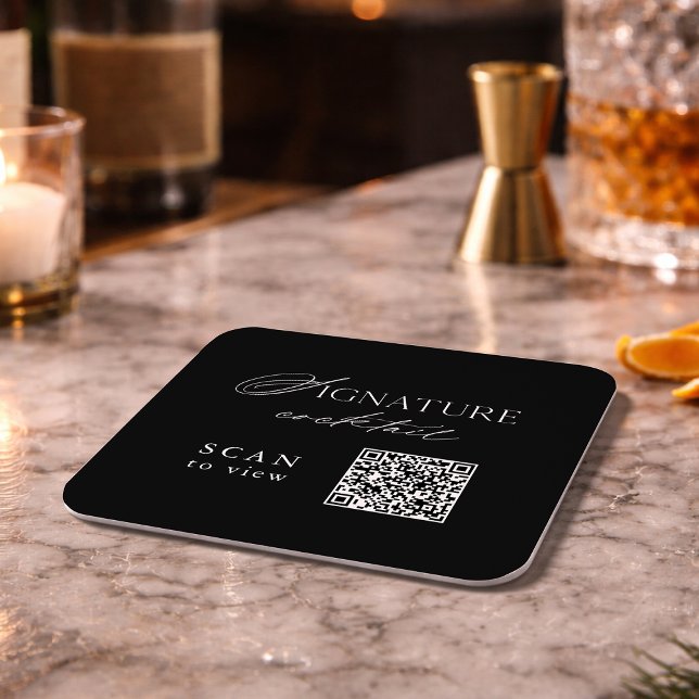 Posavasos Cuadrado De Papel Black Signature Cocktail QR Code Wedding Coaster (Subido por el creador)