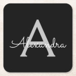 Posavasos Cuadrado De Papel Black Silver Modern Script Girly Monograma Nombre<br><div class="desc">Máster de papel de monograma con escritura simple en negro y plateado. Esto hace que la graduación perfecta, el cumpleaños, el boda, la ducha de novia, el aniversario, la ducha de bebé o la fiesta de soltera sea un regalo para alguien que ama el lujo glam y los estilos de...</div>