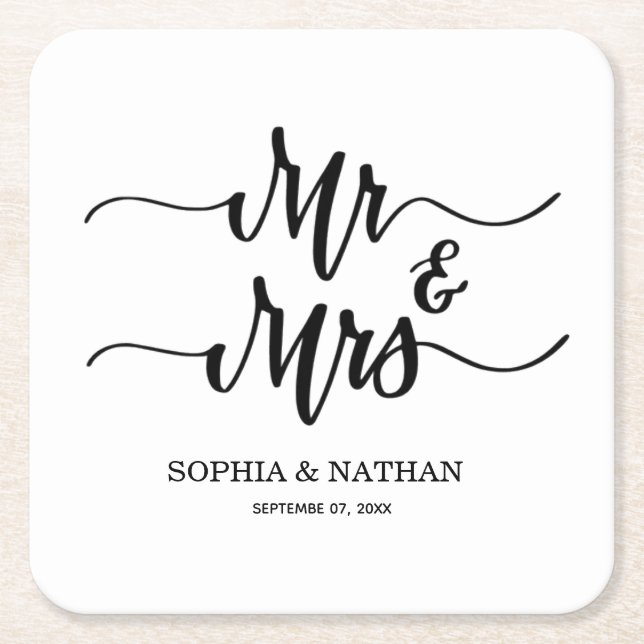 Posavasos Cuadrado De Papel Black & White Minimalist Wedding Favor Modern Text (Anverso)