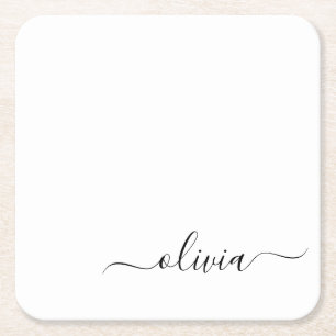 Posavasos Cuadrado De Papel Black White Modern Script Girly Monograma Nombre