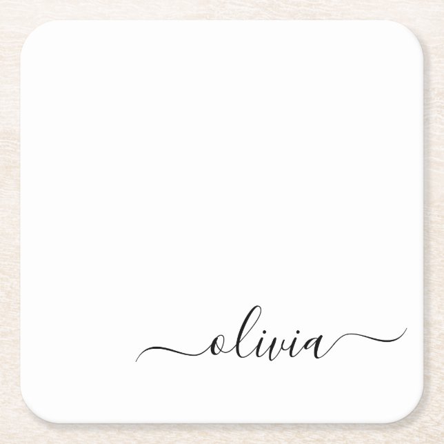 Posavasos Cuadrado De Papel Black White Modern Script Girly Monograma Nombre (Anverso)