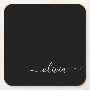 Posavasos Cuadrado De Papel Black White Modern Script Girly Monograma Nombre
