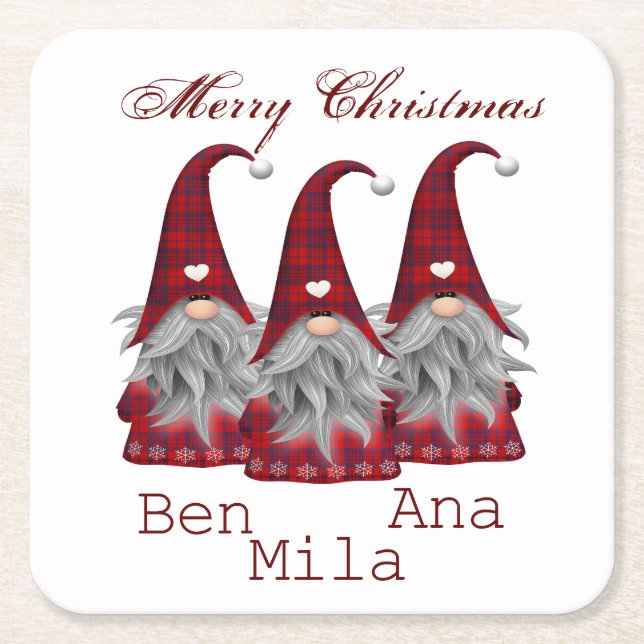 Posavasos Cuadrado De Papel Blanco con gnomo rojo (Anverso)