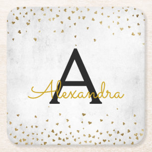 Posavasos Cuadrado De Papel Blanco elegante - Monograma de Confetti Relieve me