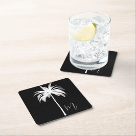 Posavasos Cuadrado De Papel Blanco negro elegante de árbol de palmas