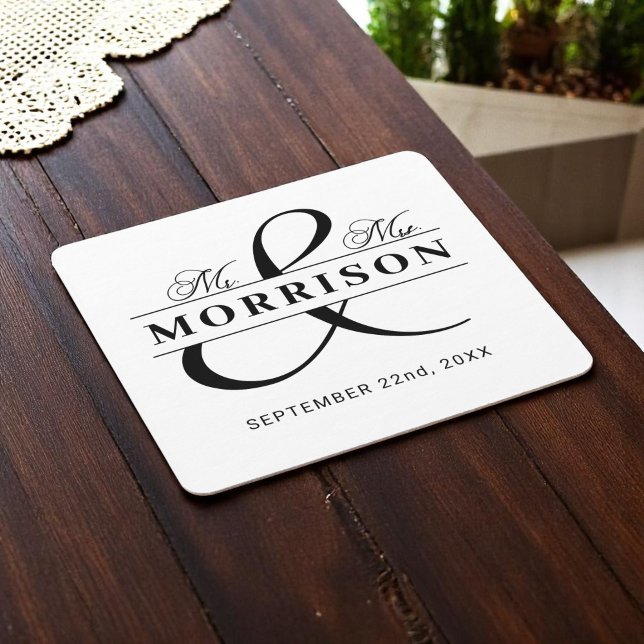 Posavasos Cuadrado De Papel Blanco negro Sr. Sra. Monogram Boda (Subido por el creador)