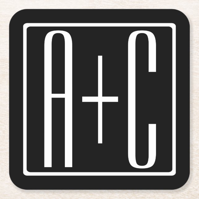 Posavasos Cuadrado De Papel Blanco y negro | Iniciales de parejas (Anverso)