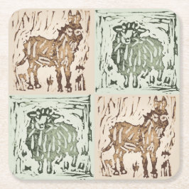 Posavasos Cuadrado De Papel Block Print Sheep Donkey Quilt - farm animals.