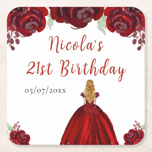 Posavasos Cuadrado De Papel Blonde Hair Princess Red Floral Birthday (Anverso)