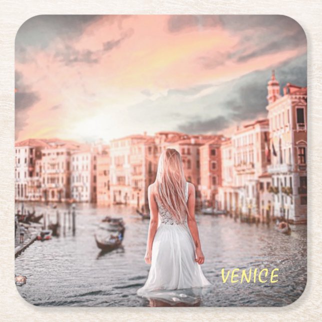 Posavasos Cuadrado De Papel Blondie En La Venecia Romántica (Anverso)