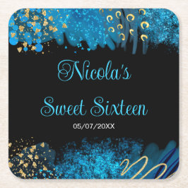 Posavasos Cuadrado De Papel Blue Alcohol Ink Sweet 16 Birthday Party