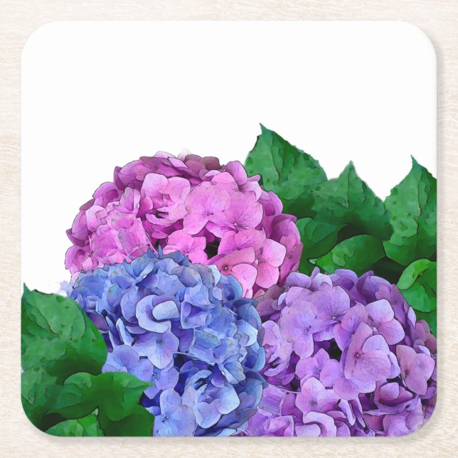 Posavasos Cuadrado De Papel Blue and Pink Hydrangea Flowers  (Anverso)