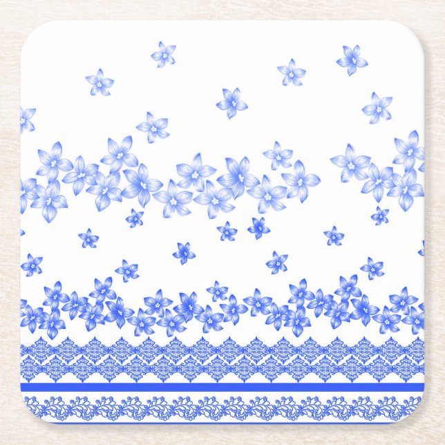 Posavasos Cuadrado De Papel Blue and White floral design, (Anverso)