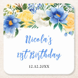 Posavasos Cuadrado De Papel Blue and Yellow Floral Birthday