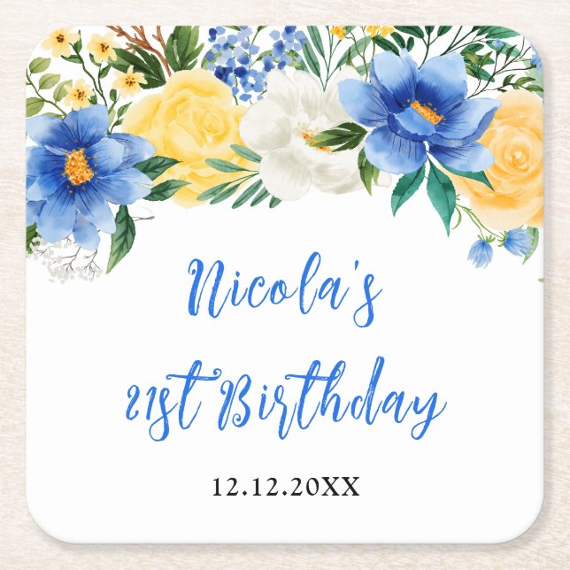 Posavasos Cuadrado De Papel Blue and Yellow Floral Birthday (Anverso)