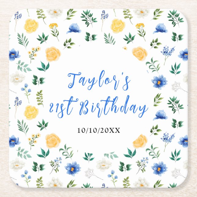 Posavasos Cuadrado De Papel Blue and Yellow Floral Birthday (Anverso)
