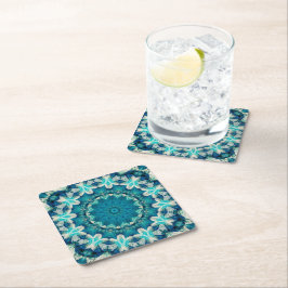Posavasos Cuadrado De Papel Blue Aqua Mandala Rosette Retro Hippie