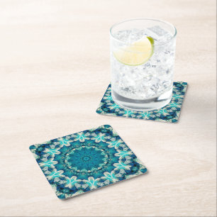 Posavasos Cuadrado De Papel Blue Aqua Mandala Rosette Retro Hippie