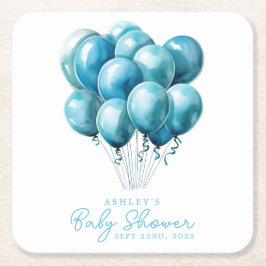 Posavasos Cuadrado De Papel Blue Balloons Watercolor Boy Baby Shower