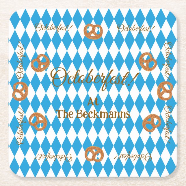 Posavasos Cuadrado De Papel Blue Bavarian Octoberfest Pretzels PERSONALIZA (Anverso)
