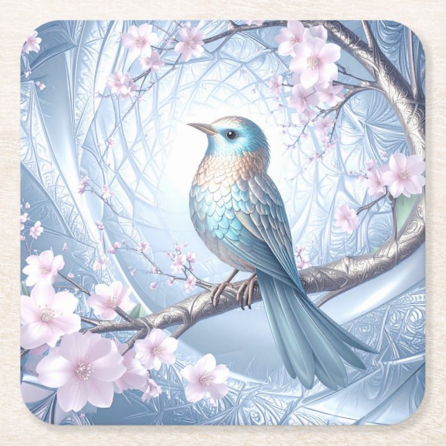 Posavasos Cuadrado De Papel Blue Bird Floral Paper Coaster (Anverso)