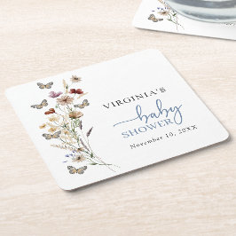 Posavasos Cuadrado De Papel Blue Boho Wildflower Baby Shower Coaster