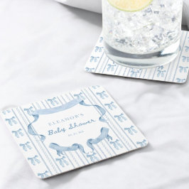 Posavasos Cuadrado De Papel Blue Bow Coquette Blue Boy baby Shower