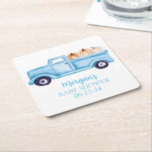 Posavasos Cuadrado De Papel Blue Boy Little Pumpkin Cute Baby Shower