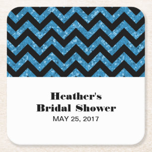 Posavasos Cuadrado De Papel Blue Chevron Purpurina Bridal Shower Coasters