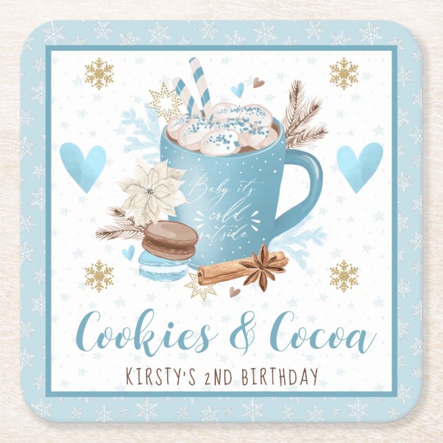 Posavasos Cuadrado De Papel Blue Cookies and Cocoa 2nd Birthday (Anverso)