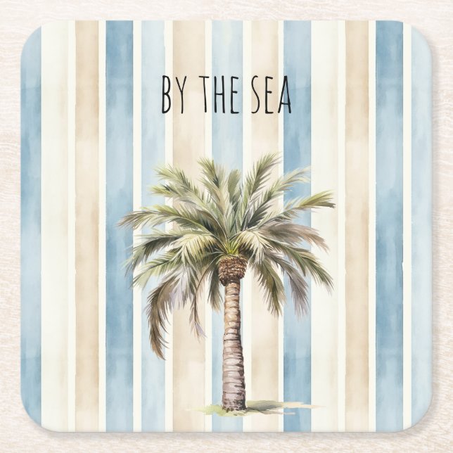 Posavasos Cuadrado De Papel Blue Cream Stripes Tropical Palm Tree (Anverso)