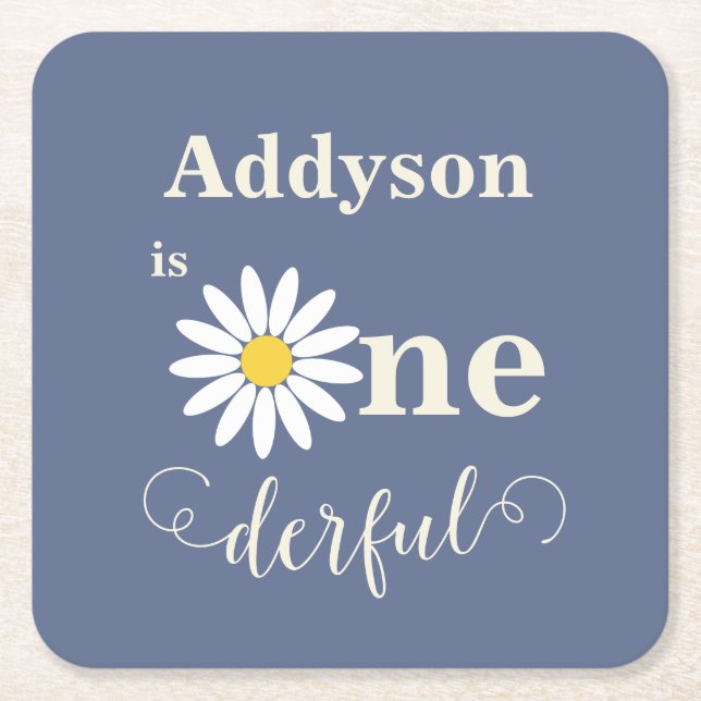 Posavasos Cuadrado De Papel Blue Daisy Un Maravilloso Primer Cumpleaños (Anverso)