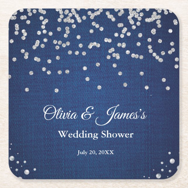 Posavasos Cuadrado De Papel Blue Denim Diamonds Pearls Couple's Wedding Shower (Anverso)