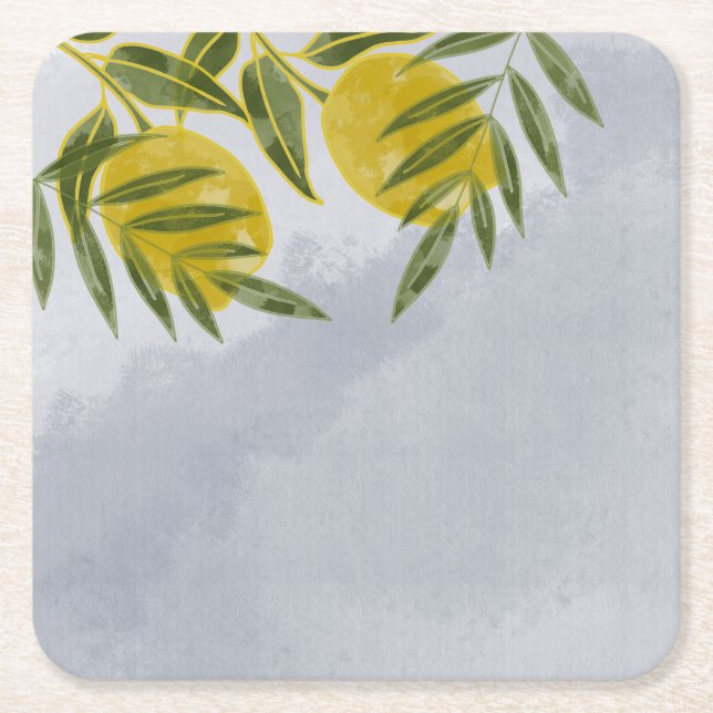 Posavasos Cuadrado De Papel Blue Elegant Botanical Lemon (Anverso)
