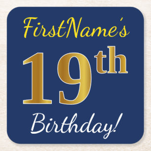 Posavasos Cuadrado De Papel Blue, Faux Gold 19th Birthday + Custom Name
