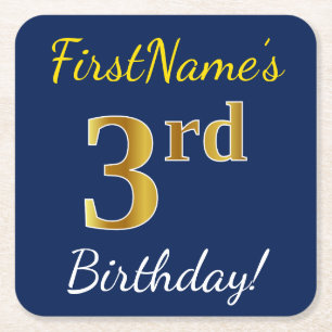 Posavasos Cuadrado De Papel Blue, Faux Gold 3Birthday + Nombre personalizado