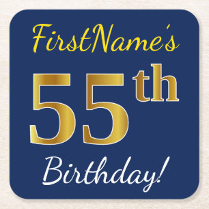 Posavasos Cuadrado De Papel Blue, Faux Gold 55th Birthday + Custom Name