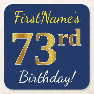 Posavasos Cuadrado De Papel Blue, Faux Gold 73rd Birthday + Custom Name