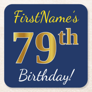 Posavasos Cuadrado De Papel Blue, Faux Gold 79th Birthday + Custom Name