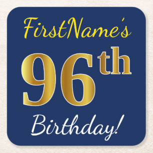 Posavasos Cuadrado De Papel Blue, Faux Gold 96th Birthday + Custom Name