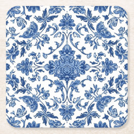 Posavasos Cuadrado De Papel Blue Floral Chinoiserie White Watercolor