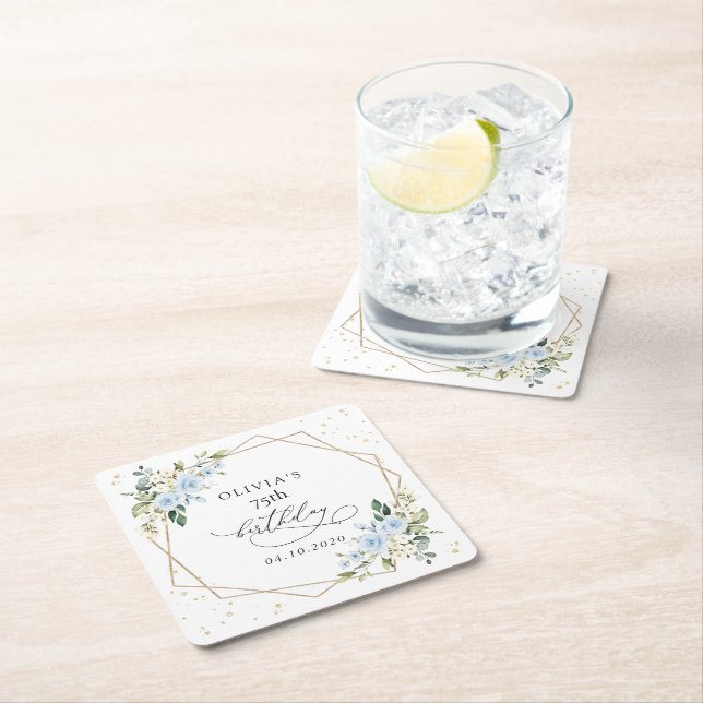 Posavasos Cuadrado De Papel Blue Flowers, White Flowers, Greenery, Birthday (In situ)