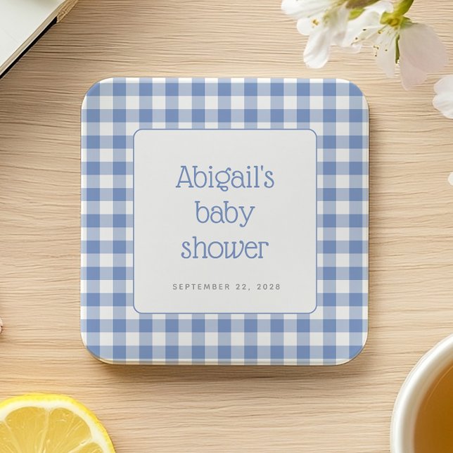 Posavasos Cuadrado De Papel Blue Gingham Check Rustic Boys Baby Shower (Subido por el creador)