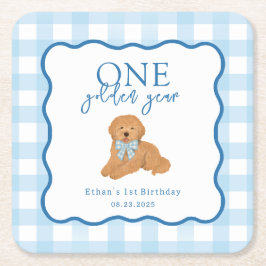 Posavasos Cuadrado De Papel Blue Gingham One Golden Year First Birthday