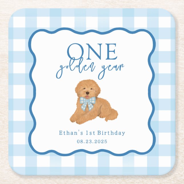 Posavasos Cuadrado De Papel Blue Gingham One Golden Year First Birthday (Anverso)