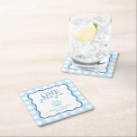 Posavasos Cuadrado De Papel Blue Gingham One Golden Year First Birthday<br><div class="desc">Keep drips in check while staying on theme with this gingham One Golden Year coaster. The scalloped frame and paw print detail match your golden retriever first birthday décor, and there’s space to add your little one's name and party date: an easy way to tie every table setting back to...</div>