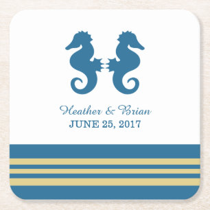 Posavasos Cuadrado De Papel Blue Gold Nautical Seahors Paper Coasters